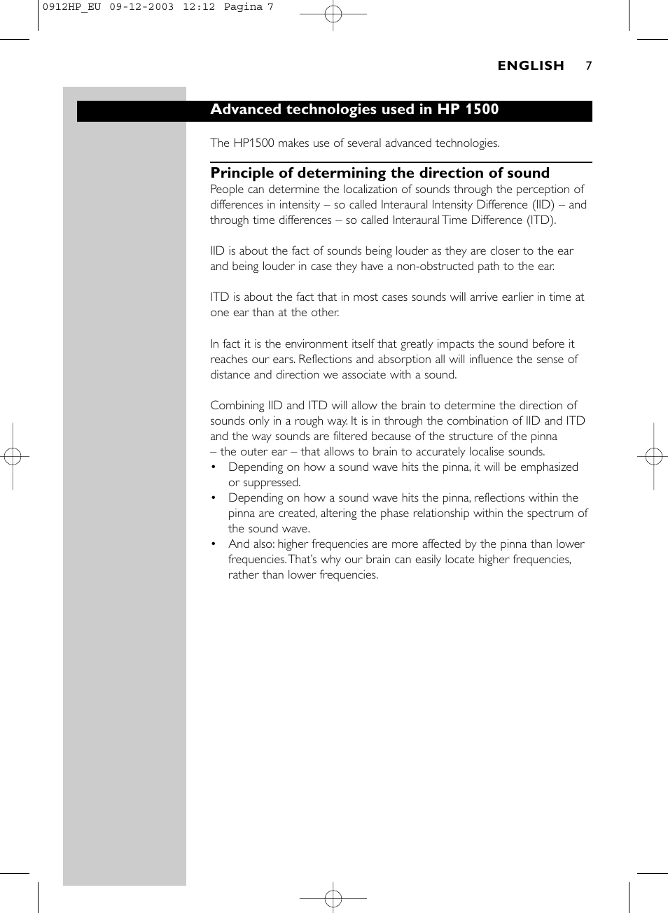 Advanced technologies used in hp 1500, Principle of determining the direction of sound | Philips HP1500 User Manual | Page 7 / 30