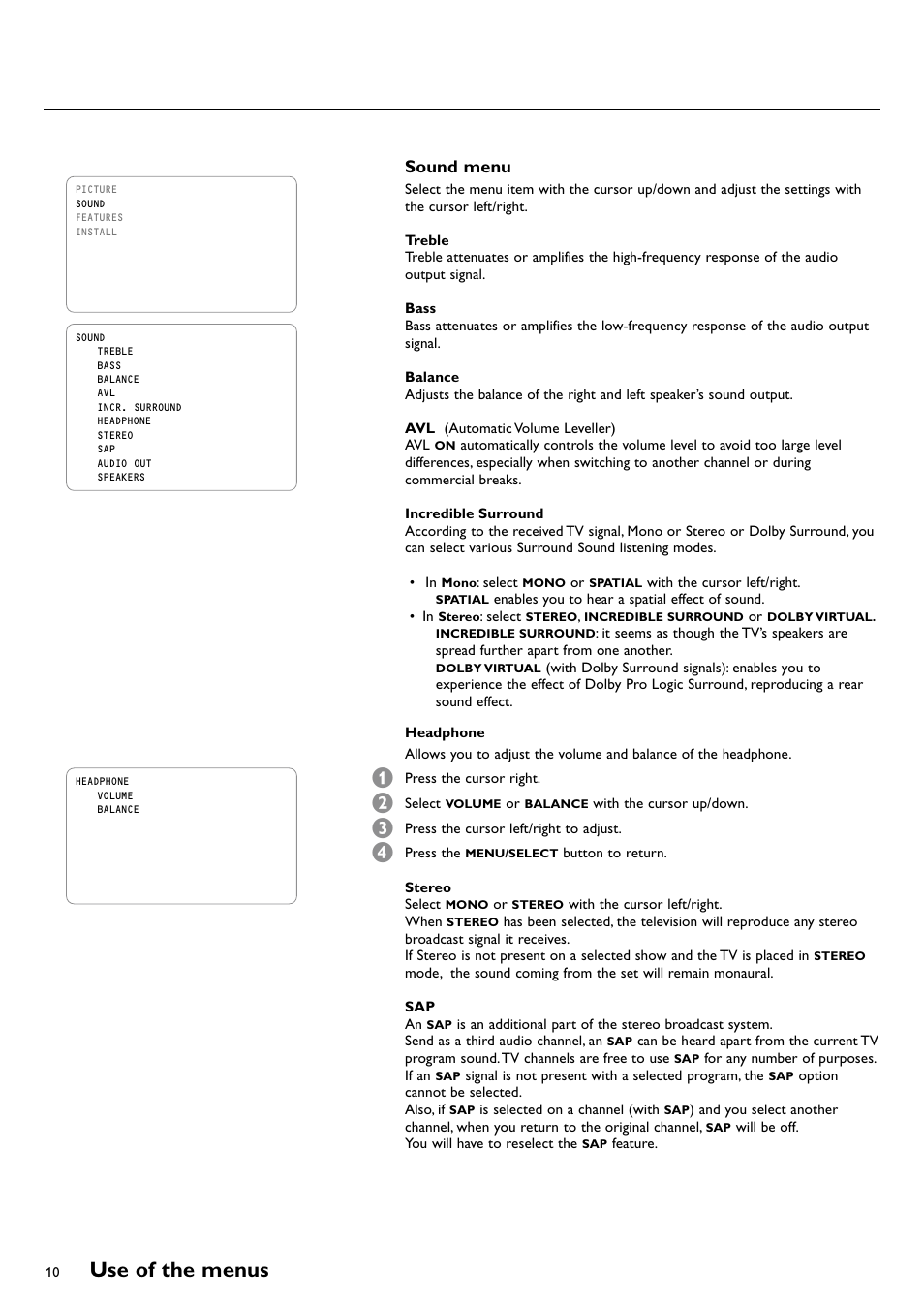 Sound menu, Use of the menus | Philips CRT TV User Manual | Page 10 / 36