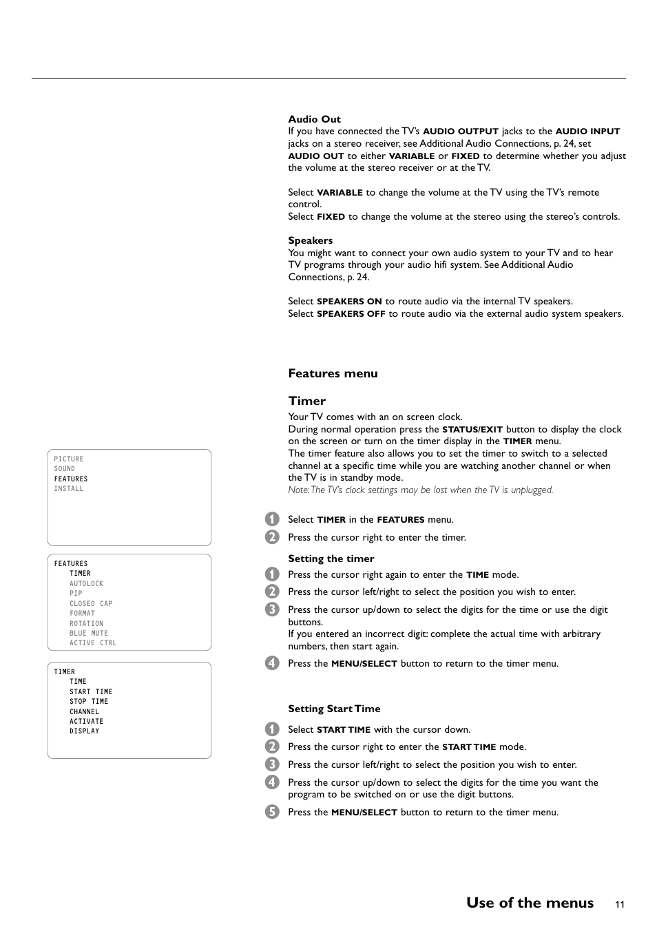 Features menu, Timer, Use of the menus | Philips CRT TV User Manual | Page 11 / 36