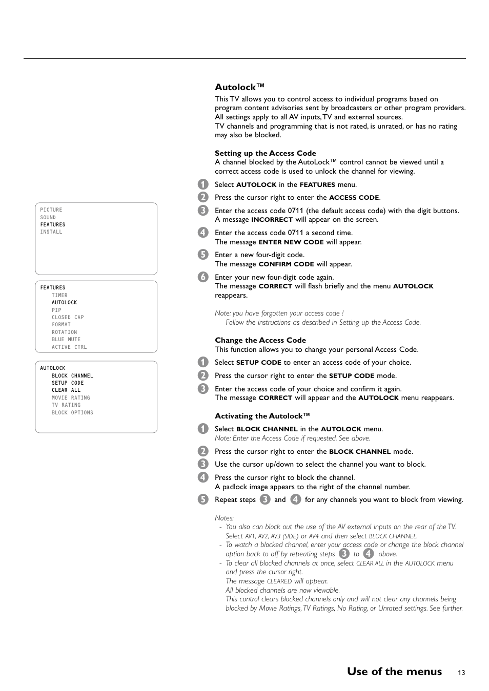 Autolockª, Use of the menus | Philips CRT TV User Manual | Page 13 / 36