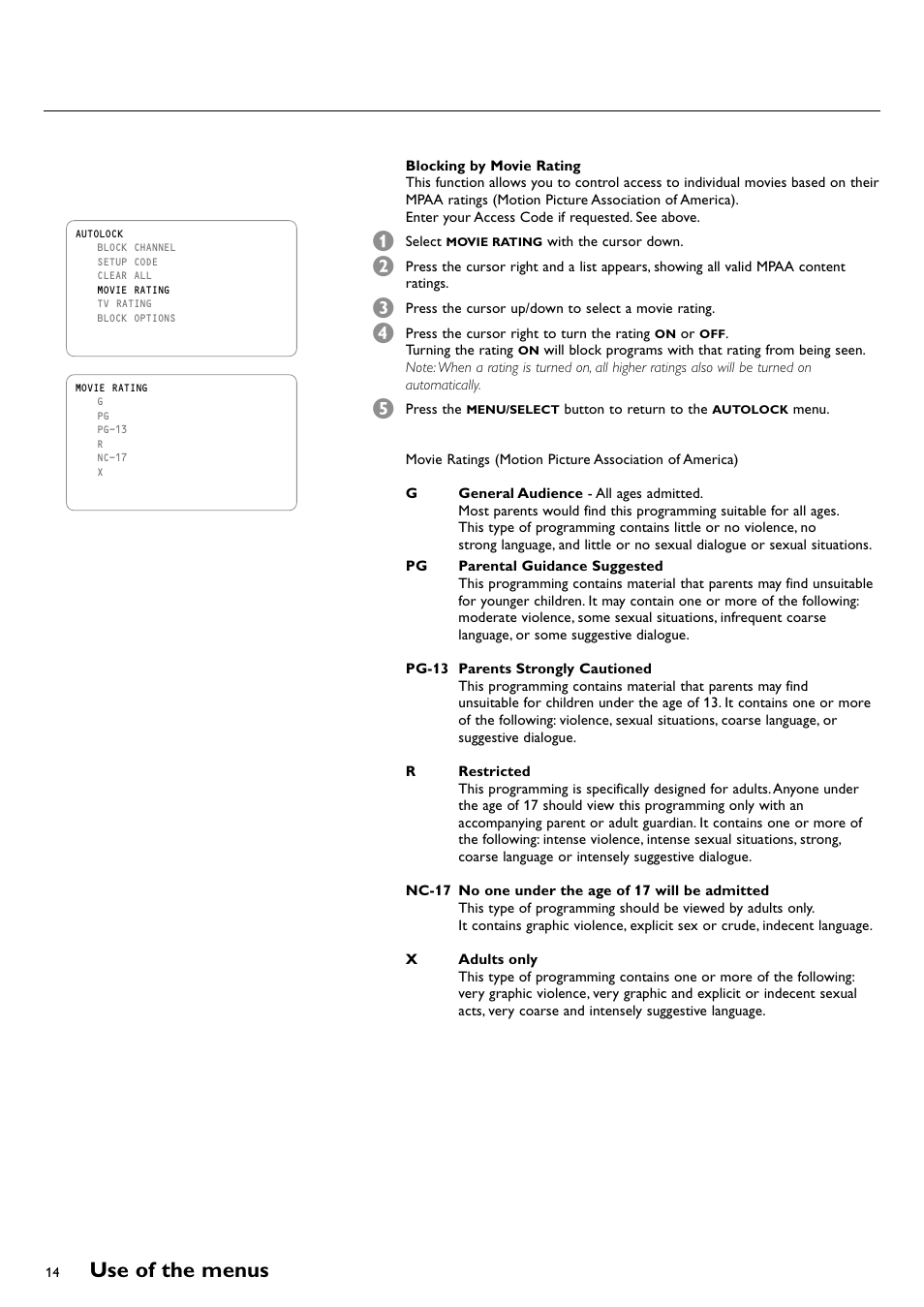 Use of the menus | Philips CRT TV User Manual | Page 14 / 36