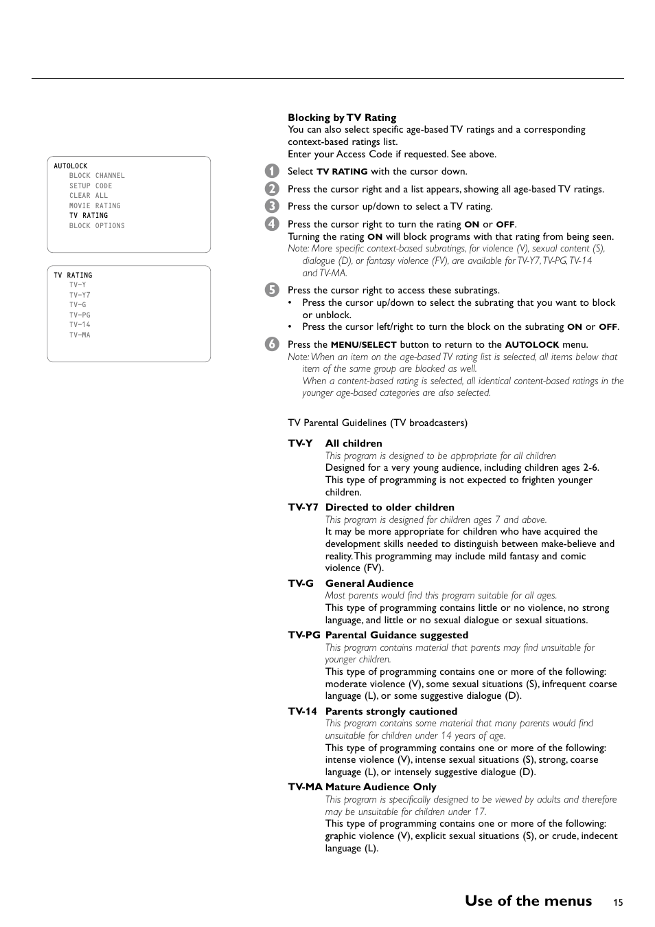 Use of the menus | Philips CRT TV User Manual | Page 15 / 36