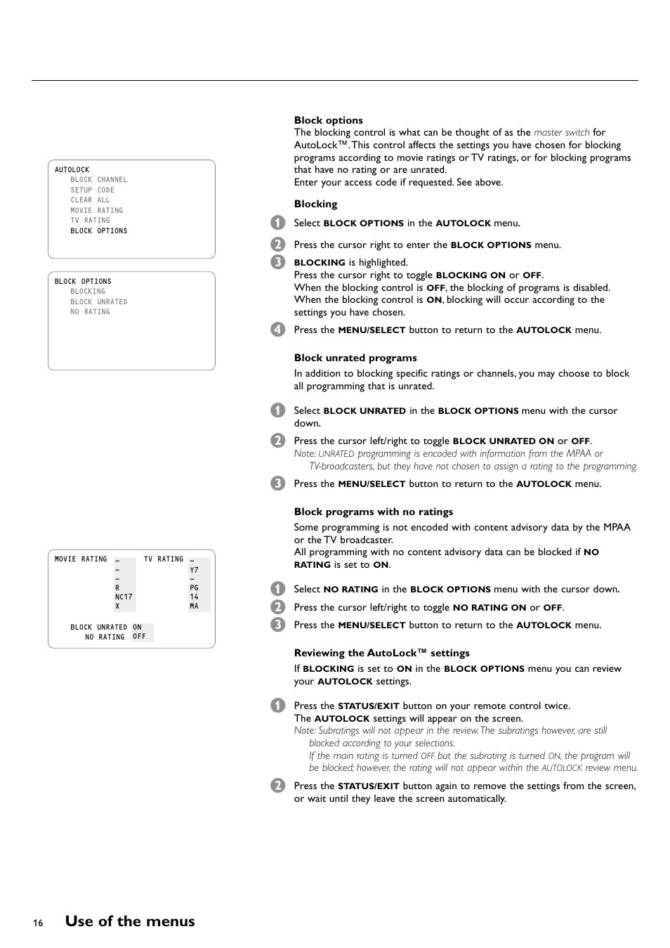 Use of the menus | Philips CRT TV User Manual | Page 16 / 36