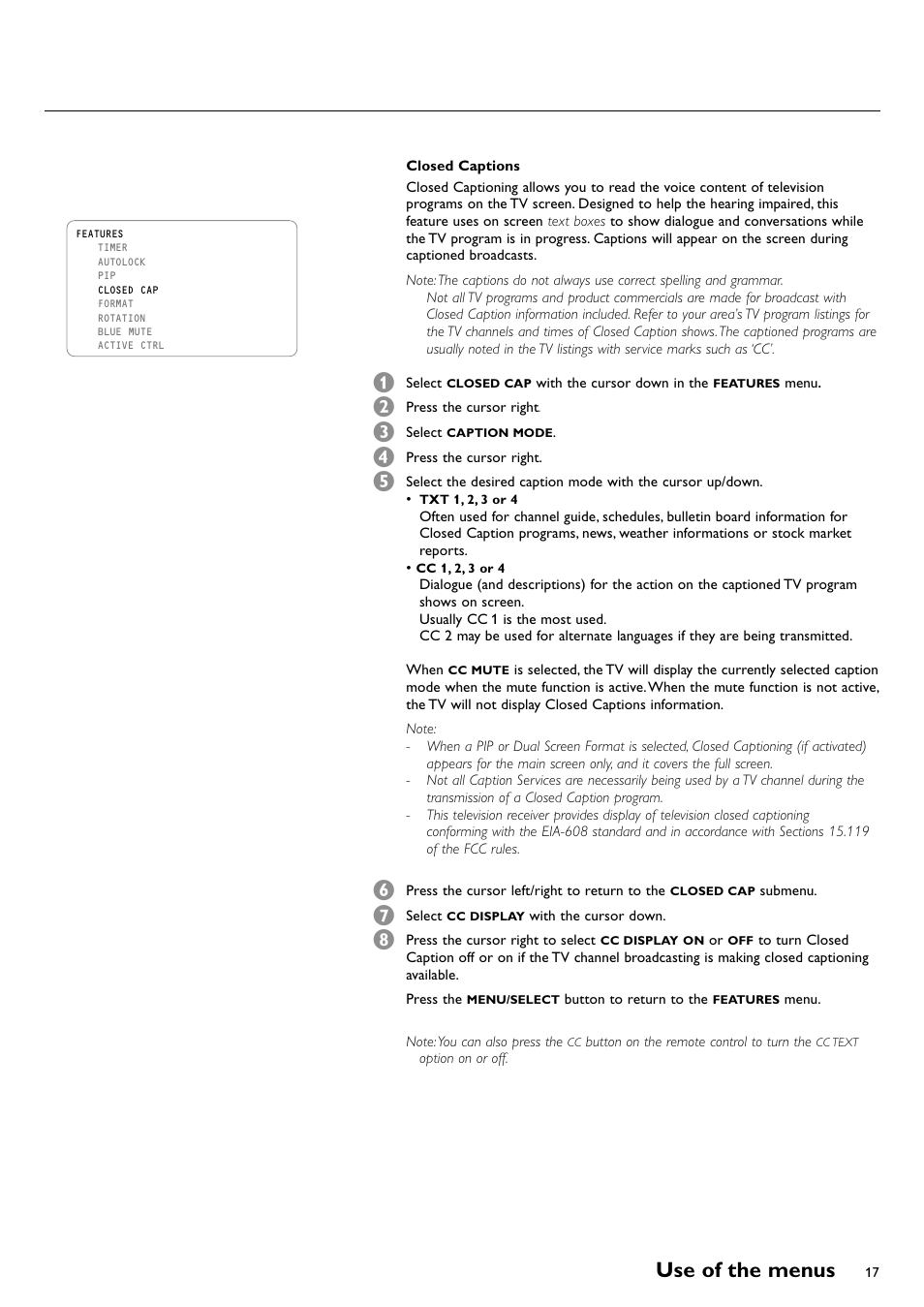 Use of the menus | Philips CRT TV User Manual | Page 17 / 36