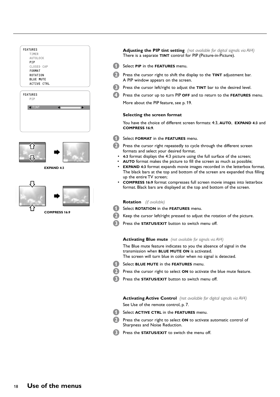 Use of the menus | Philips CRT TV User Manual | Page 18 / 36