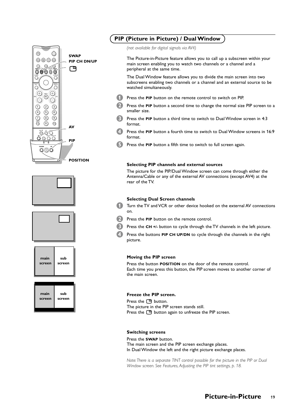 Pip (picture in picture) / d, Picture-in-picture, Êpip (picture in picture) / dual window | Press the, Button on the remote control to switch on pip, Button on the remote control, Press the buttons | Philips CRT TV User Manual | Page 19 / 36