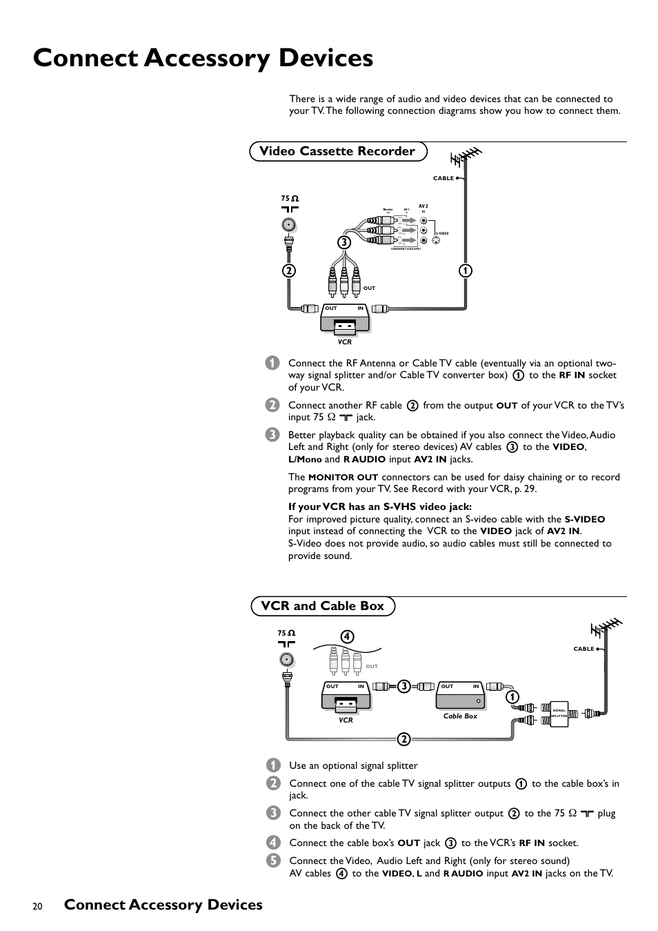 Connect accessory devices, Video cassette recorder, Vcr and cable box | Vcr and cable box video cassette recorder | Philips CRT TV User Manual | Page 20 / 36