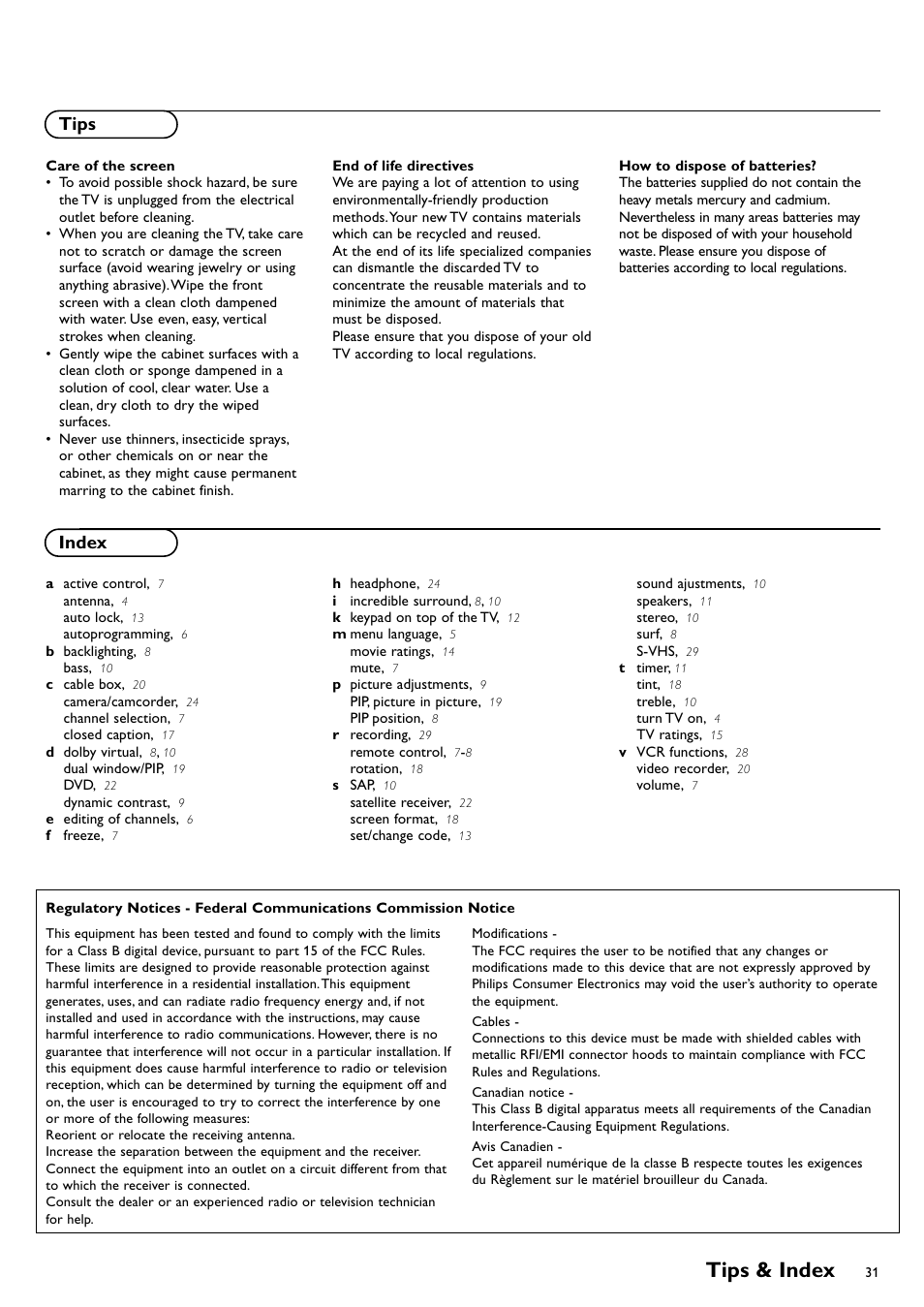 Tips, Index, Tips & index | Index tips | Philips CRT TV User Manual | Page 31 / 36