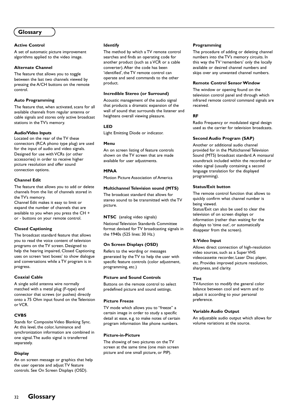 Glossary | Philips CRT TV User Manual | Page 32 / 36