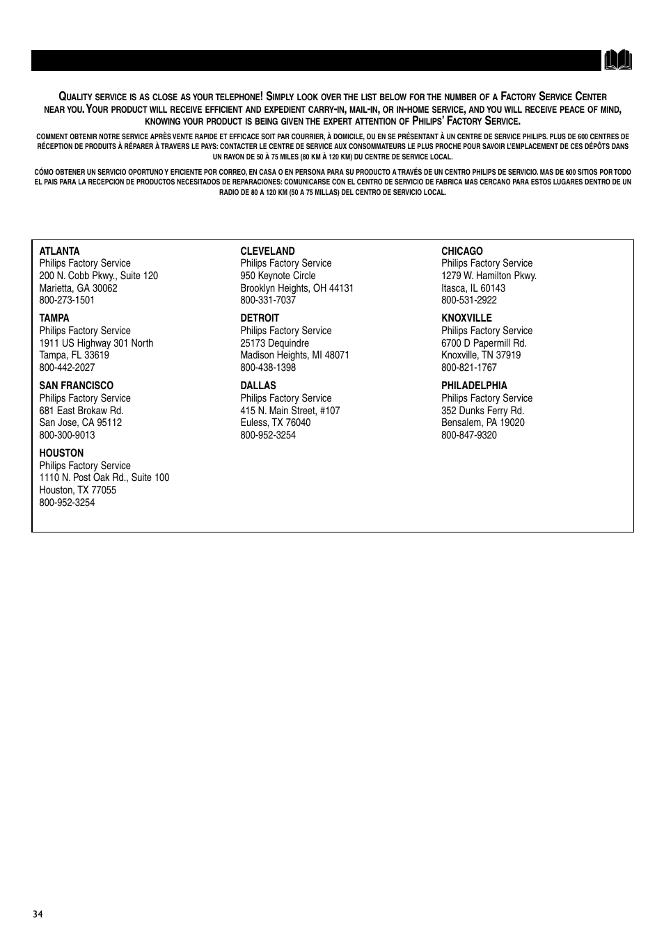 Actory, Ervice, Ocations | Philips CRT TV User Manual | Page 34 / 36