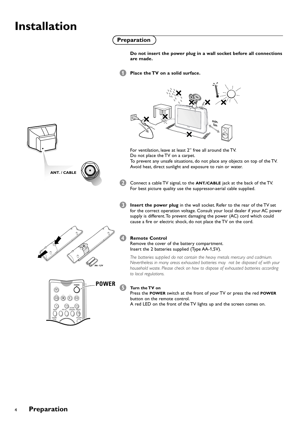 Installation, Preparation, Power | Philips CRT TV User Manual | Page 4 / 36