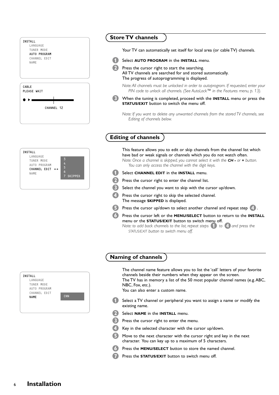 Store tv channels, Editing of channels, Naming of channels | Installation | Philips CRT TV User Manual | Page 6 / 36