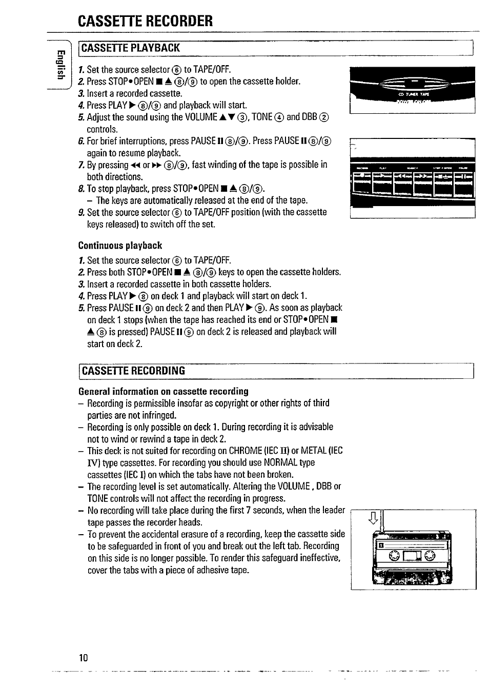 Cassehe recorder, Cassehe playback, Continuous playback | Cassehe recording, General information on cassette recording | Philips AZ2605 User Manual | Page 10 / 20