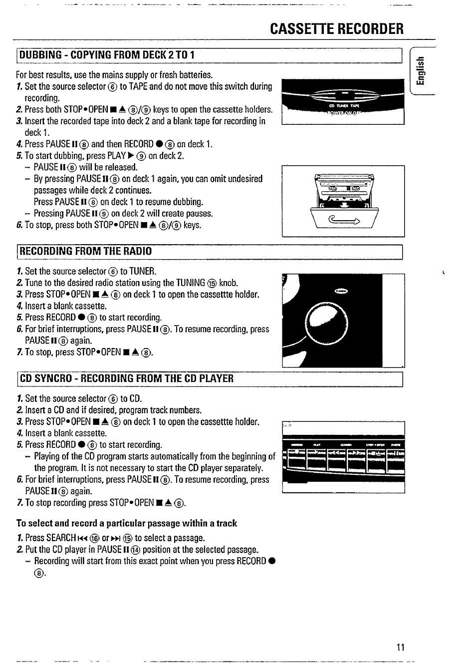 Cassehe recorder, Recording from the radio, Cd syncro - recording from the cd player | Philips AZ2605 User Manual | Page 11 / 20