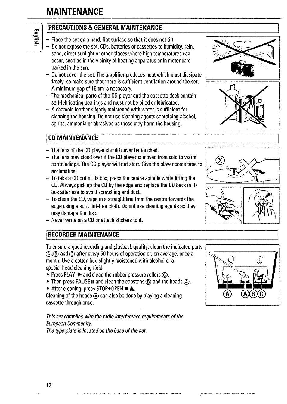 Maintenance, Precautions & general maintenance, Cd maintenance | Recorder maintenance | Philips AZ2605 User Manual | Page 12 / 20