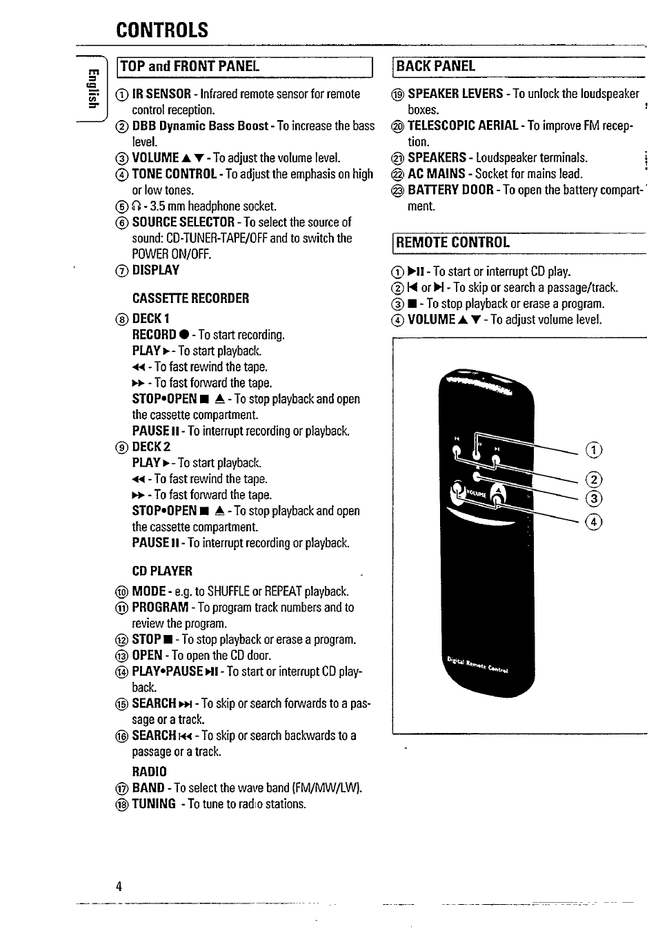 Controls, Top and front panel, Back panel | Display, Cassehe recorder ®deck1, Deck2, Cd player, Radio, Speaker levers, Telescopic aerial | Philips AZ2605 User Manual | Page 4 / 20