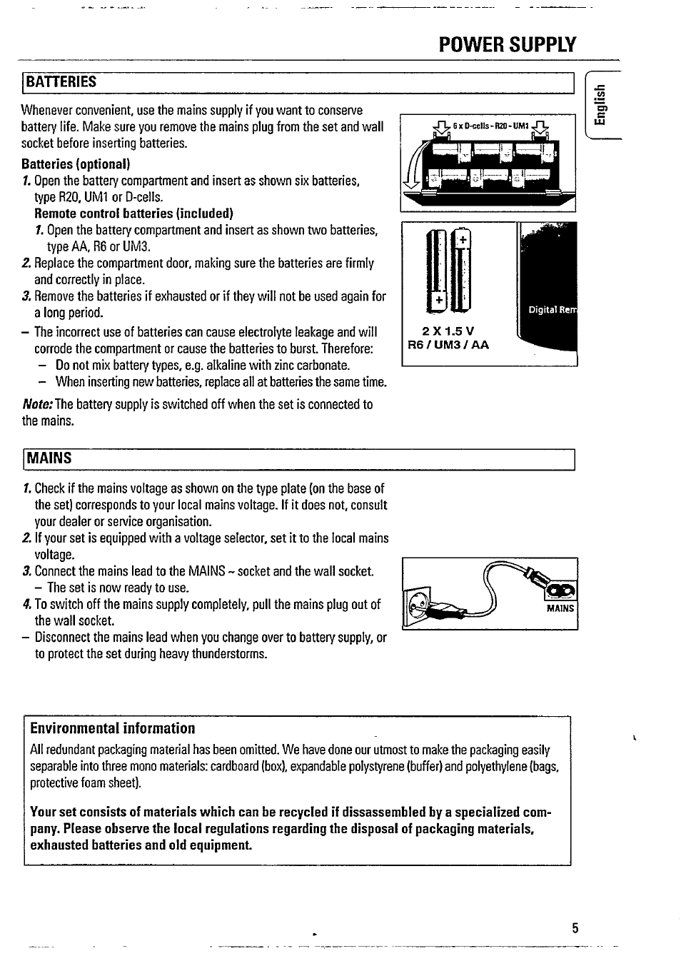 Baheries, Mains, Environmental information | Power supply | Philips AZ2605 User Manual | Page 5 / 20