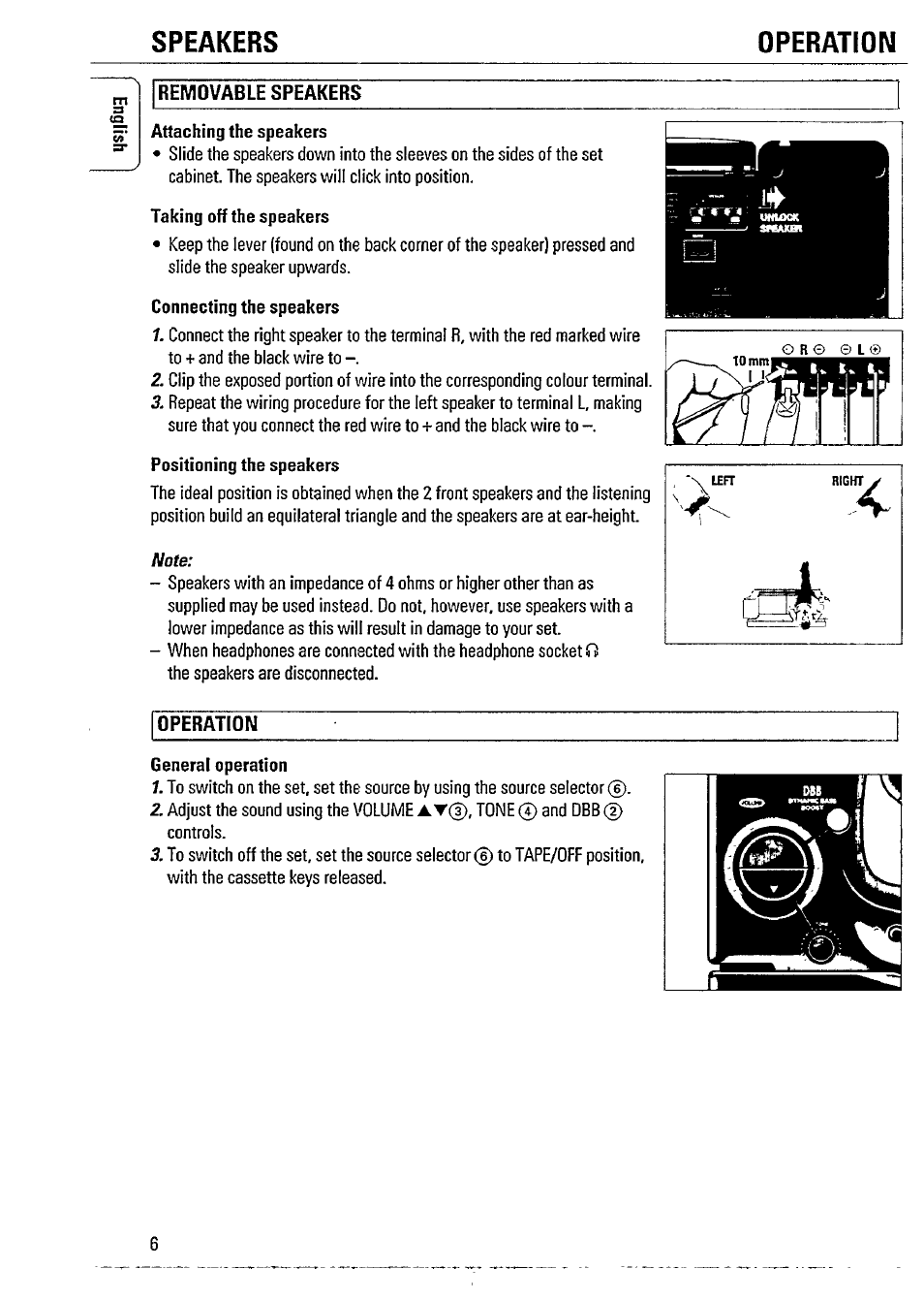 Removable speakers, Attaching the speakers, Taking off the speakers | Connecting the speakers, Positioning the speakers, Operation, General operation, Speakers operation | Philips AZ2605 User Manual | Page 6 / 20