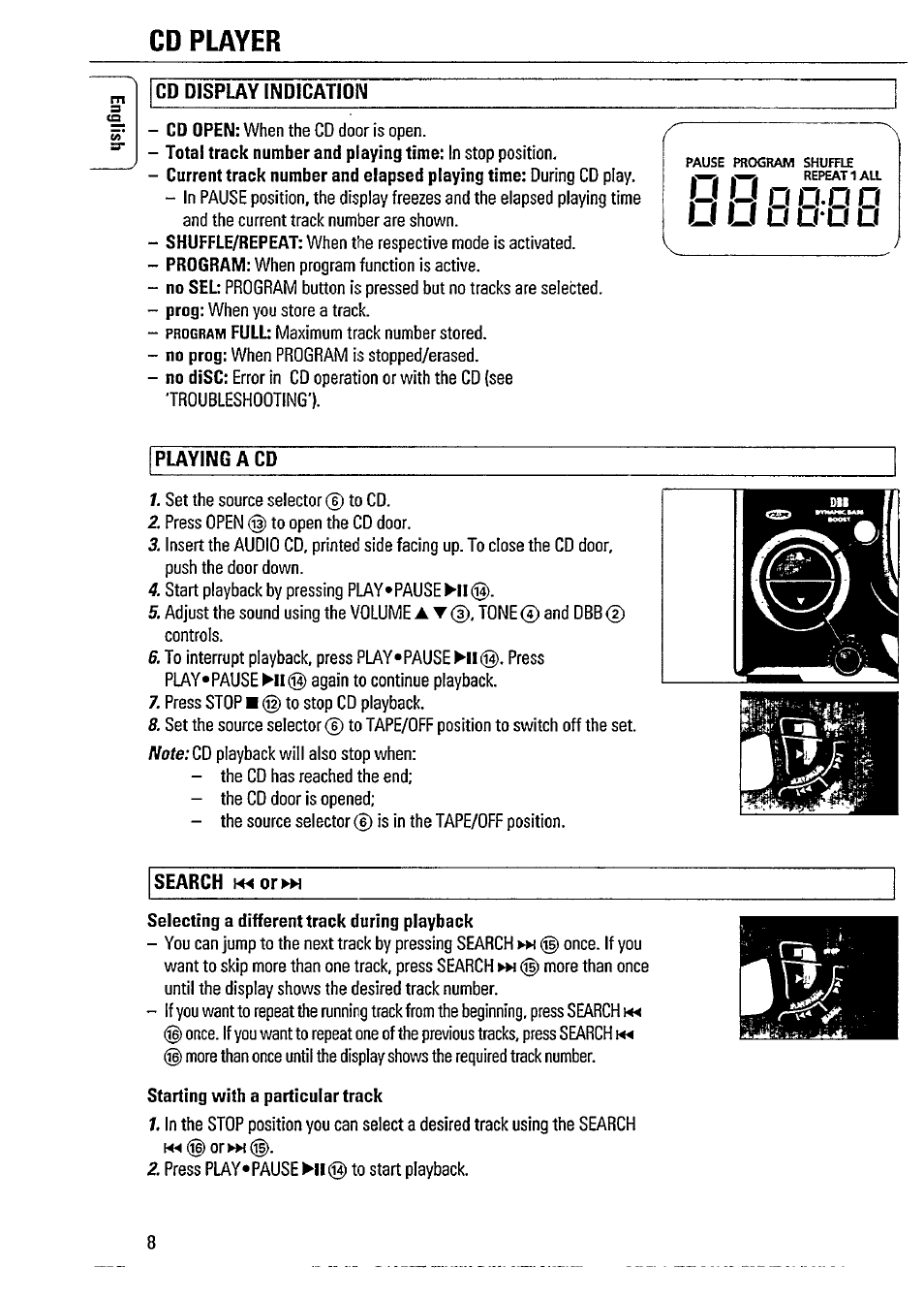 Cd player, Cd display indication, Playing a cd | Search k4 or^h, Uuo oo o, Li li, U lfu u | Philips AZ2605 User Manual | Page 8 / 20