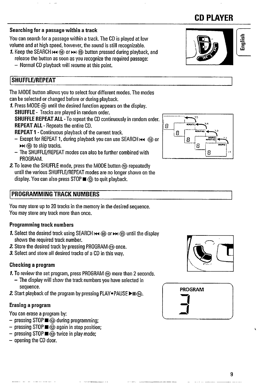 Cd player, Shuffle/repeat, Programming track numbers | Philips AZ2605 User Manual | Page 9 / 20