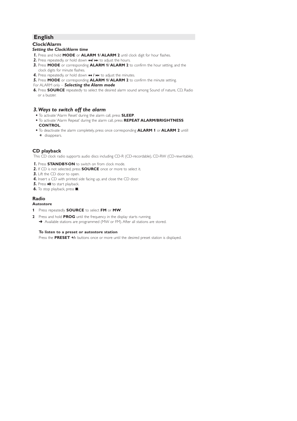 English, Ways to switch off the alarm | Philips AJ3916 User Manual | Page 3 / 3