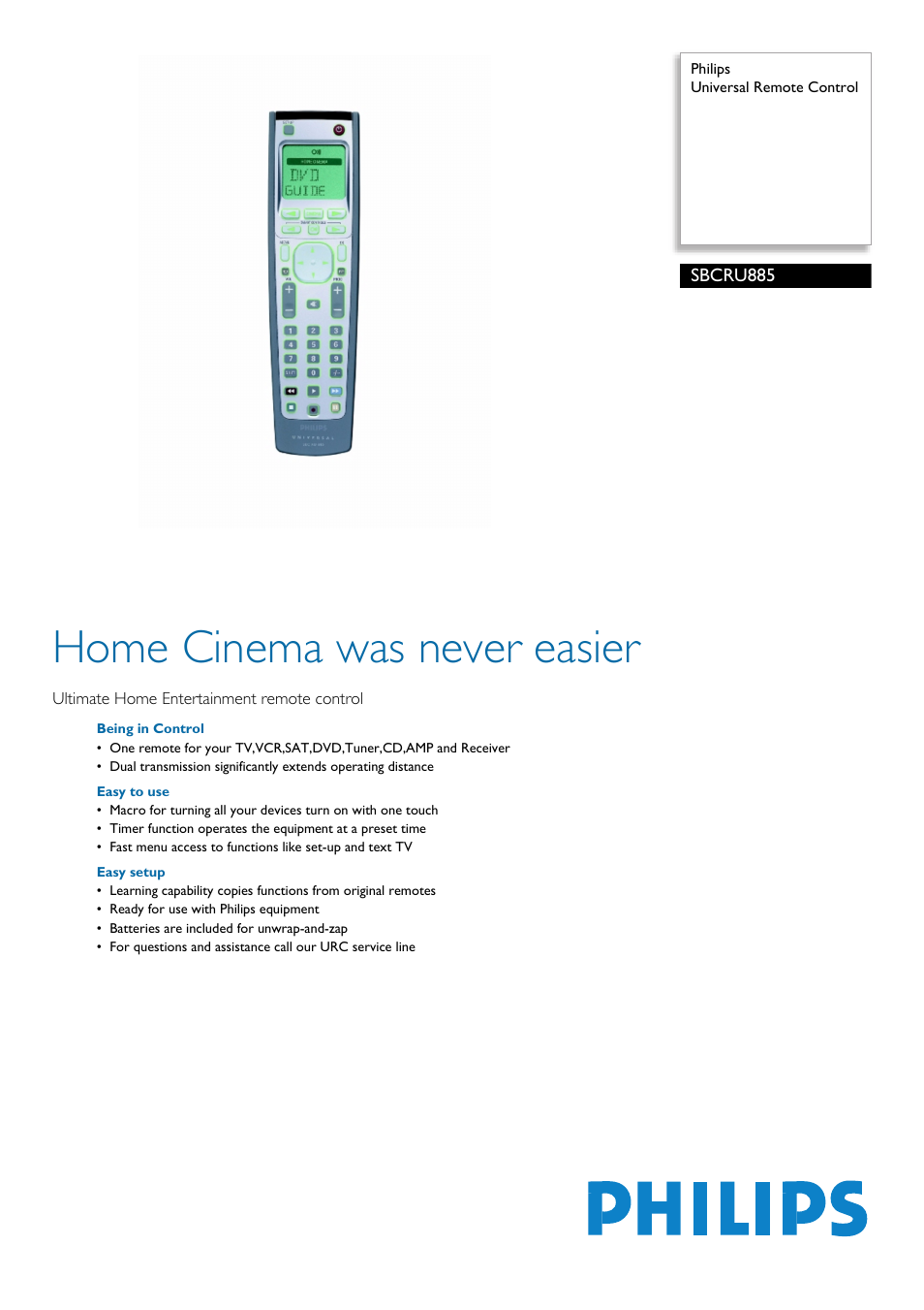 Philips SBCRU885 User Manual | 2 pages