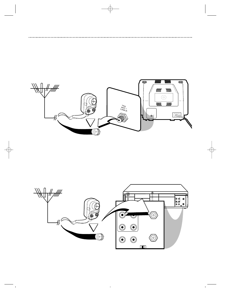 Disconnect the antenna or cable from your tv, Audio, Video out in in out | Out in | Philips SVZ162 User Manual | Page 6 / 52