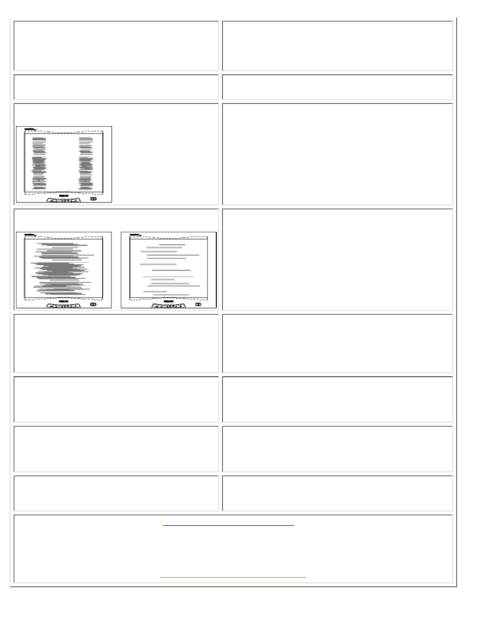 Display position is incorrect, Image vibrates on the screen, Vertical flicker appears | Horizontal flicker appears, The screen is too bright or too dark, An after-image appears, Green, red, blue, dark, and white dots remains | Philips 150B3B User Manual | Page 34 / 85