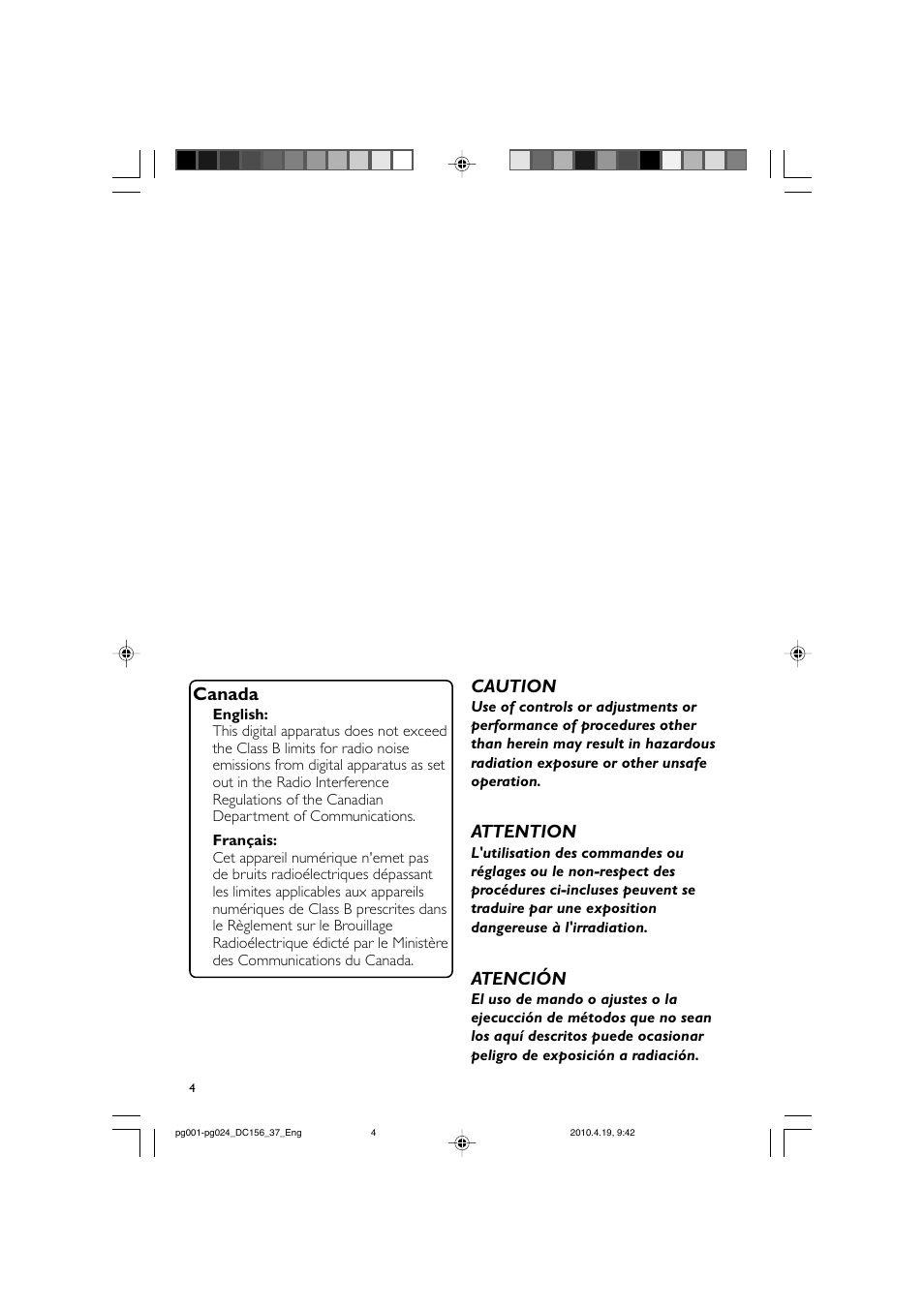 Canada, Caution, Attention | Atención | Philips DC156/37 User Manual | Page 4 / 25