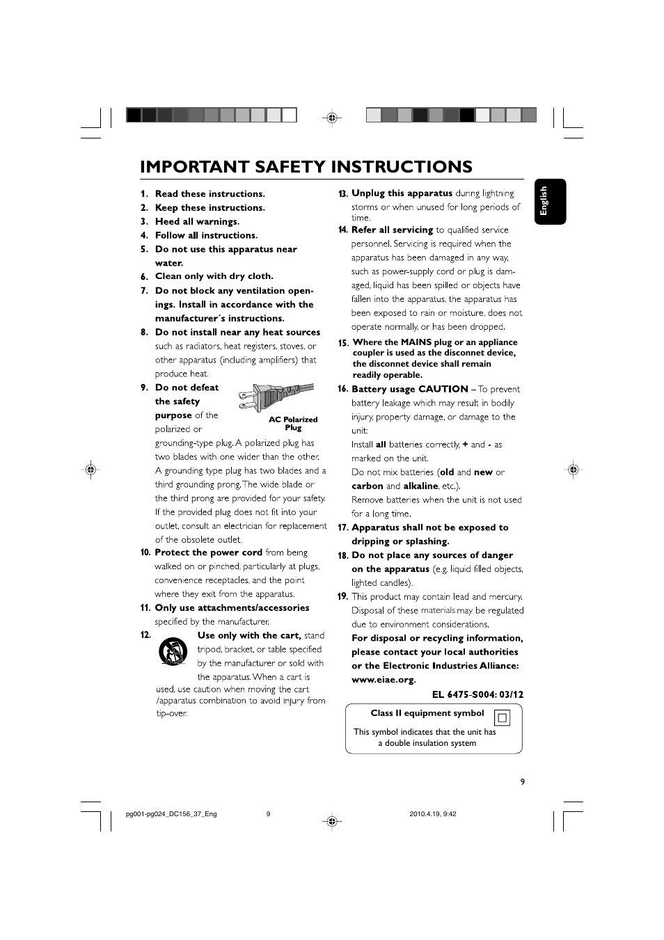 Important safety instructions | Philips DC156/37 User Manual | Page 9 / 25