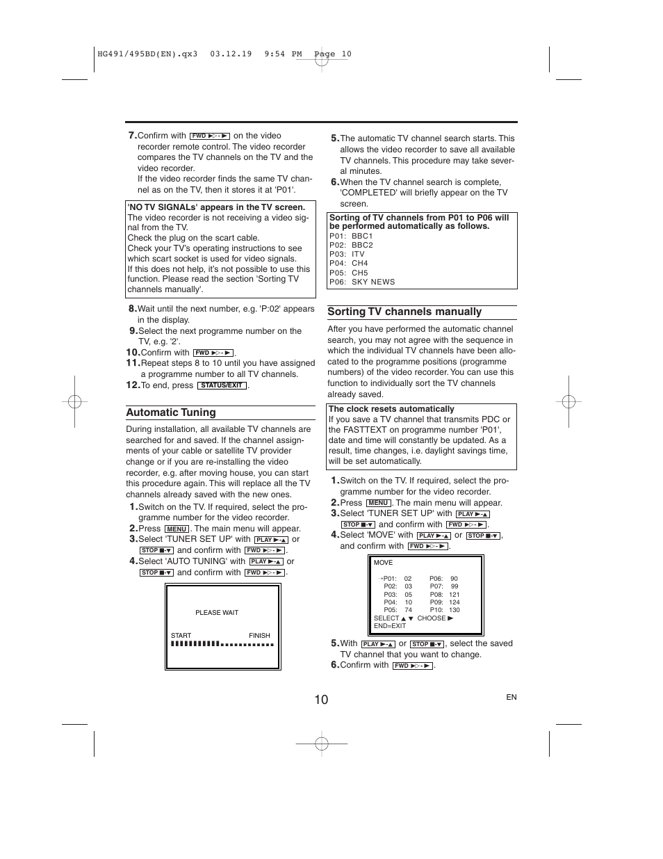 Automatic tuning, Sorting tv channels manually | Philips VR752/07 User Manual | Page 10 / 24