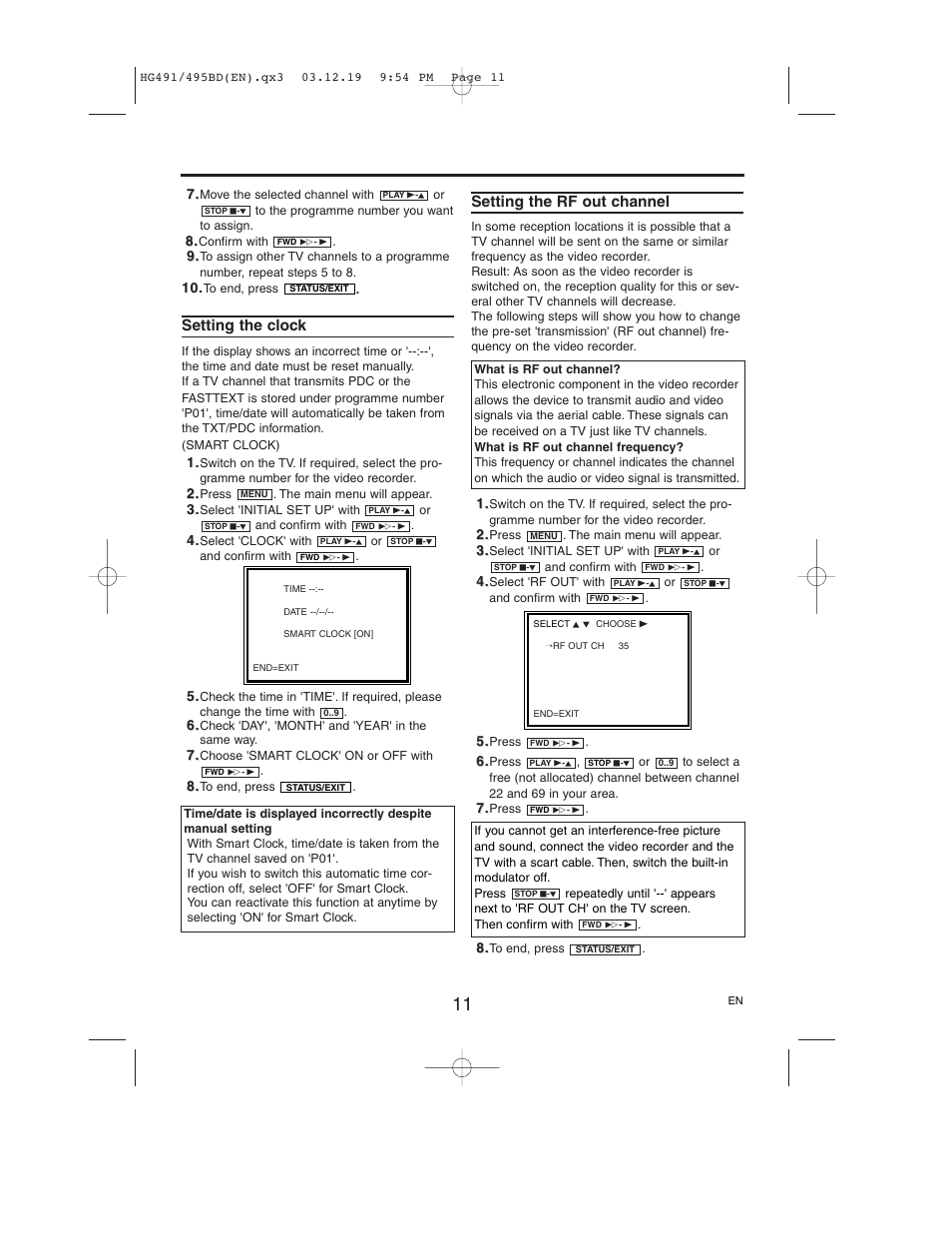 Setting the clock, Setting the rf out channel | Philips VR752/07 User Manual | Page 11 / 24