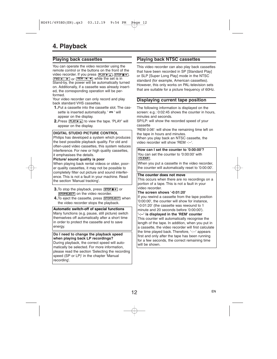 Playback, Playing back cassettes, Playing back ntsc cassettes | Displaying current tape position | Philips VR752/07 User Manual | Page 12 / 24