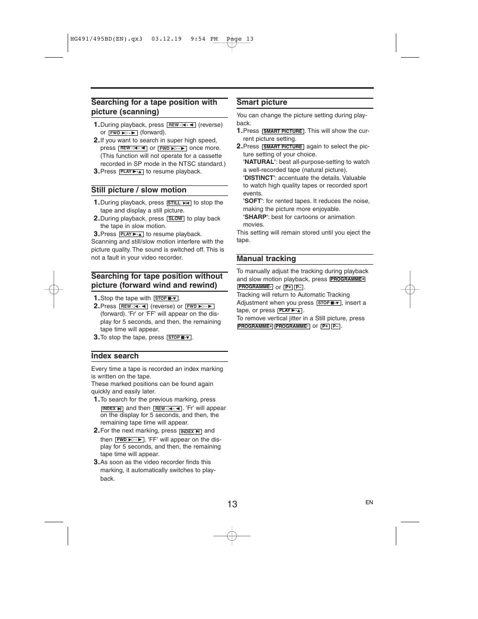 Searching for a tape position, With picture(scanning), Still picture / slow motion | Index search, Smart picture, Manual tracking | Philips VR752/07 User Manual | Page 13 / 24