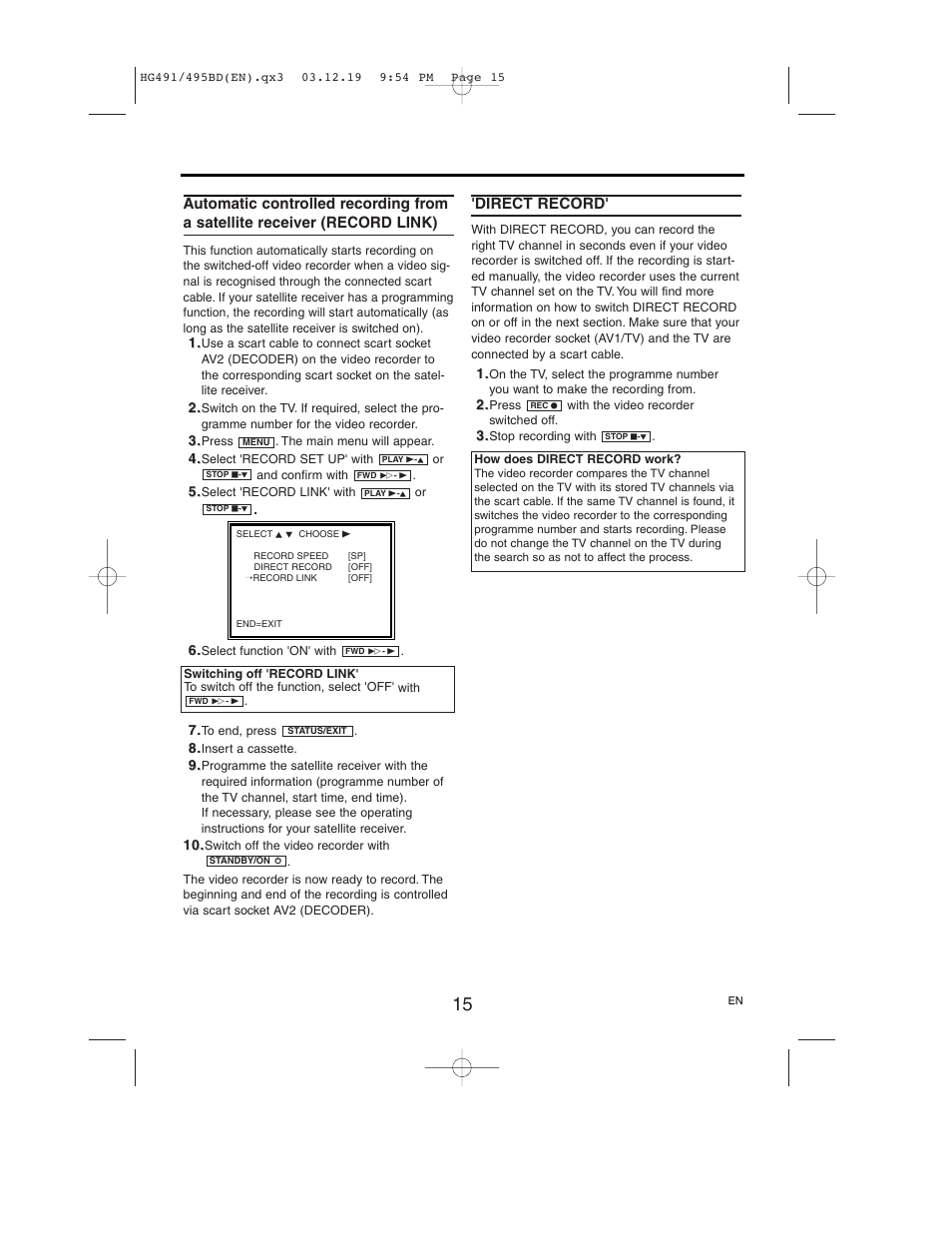 Automatic controlled recording from, A satellite receiver (record link), Direct record | Philips VR752/07 User Manual | Page 15 / 24