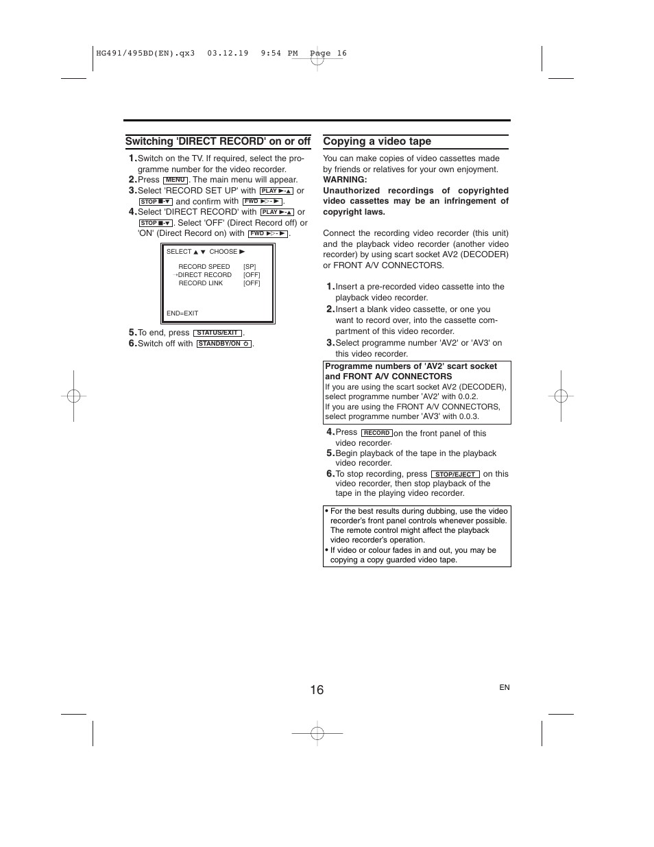 Switching 'direct record' on or off, Copying a video tape | Philips VR752/07 User Manual | Page 16 / 24