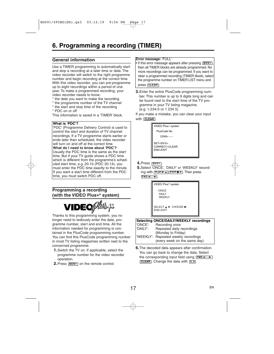 Programming a recording (timer), General information, Programming a recording | With the video plus, System) | Philips VR752/07 User Manual | Page 17 / 24