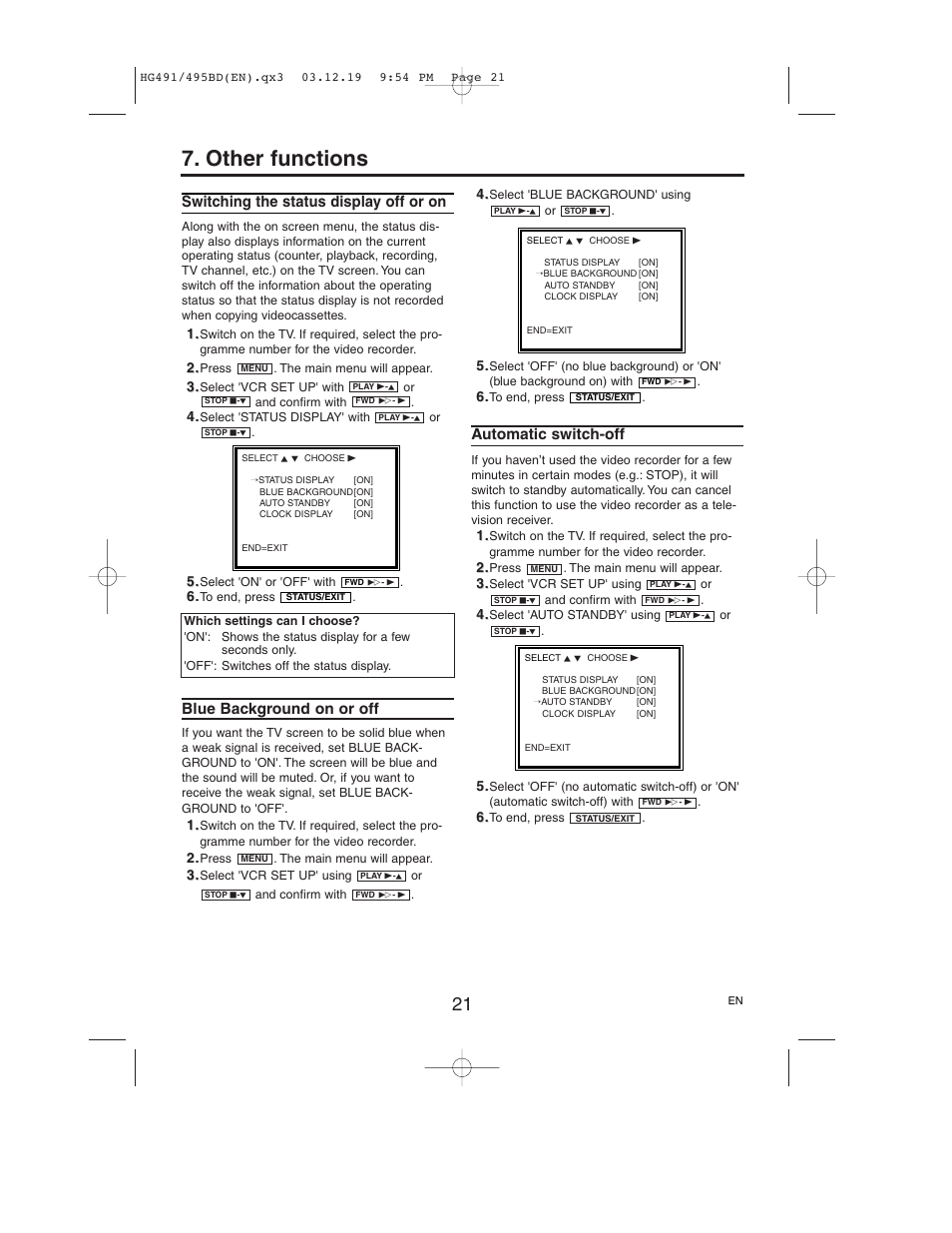 Other functions, Switching the status display off or on, Blue background on or off | Automatic switch-off | Philips VR752/07 User Manual | Page 21 / 24