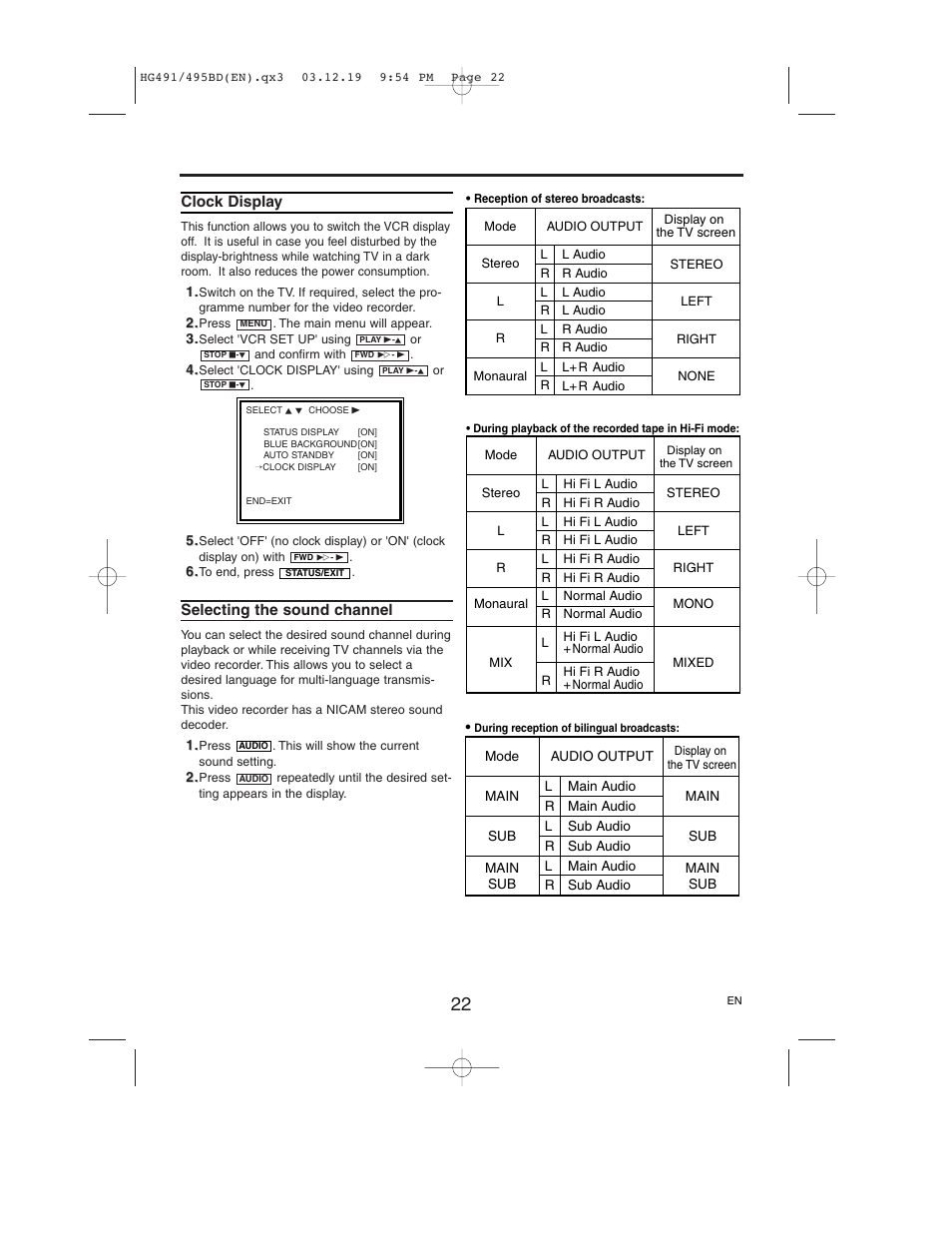 Clock display, Selecting the sound channel | Philips VR752/07 User Manual | Page 22 / 24