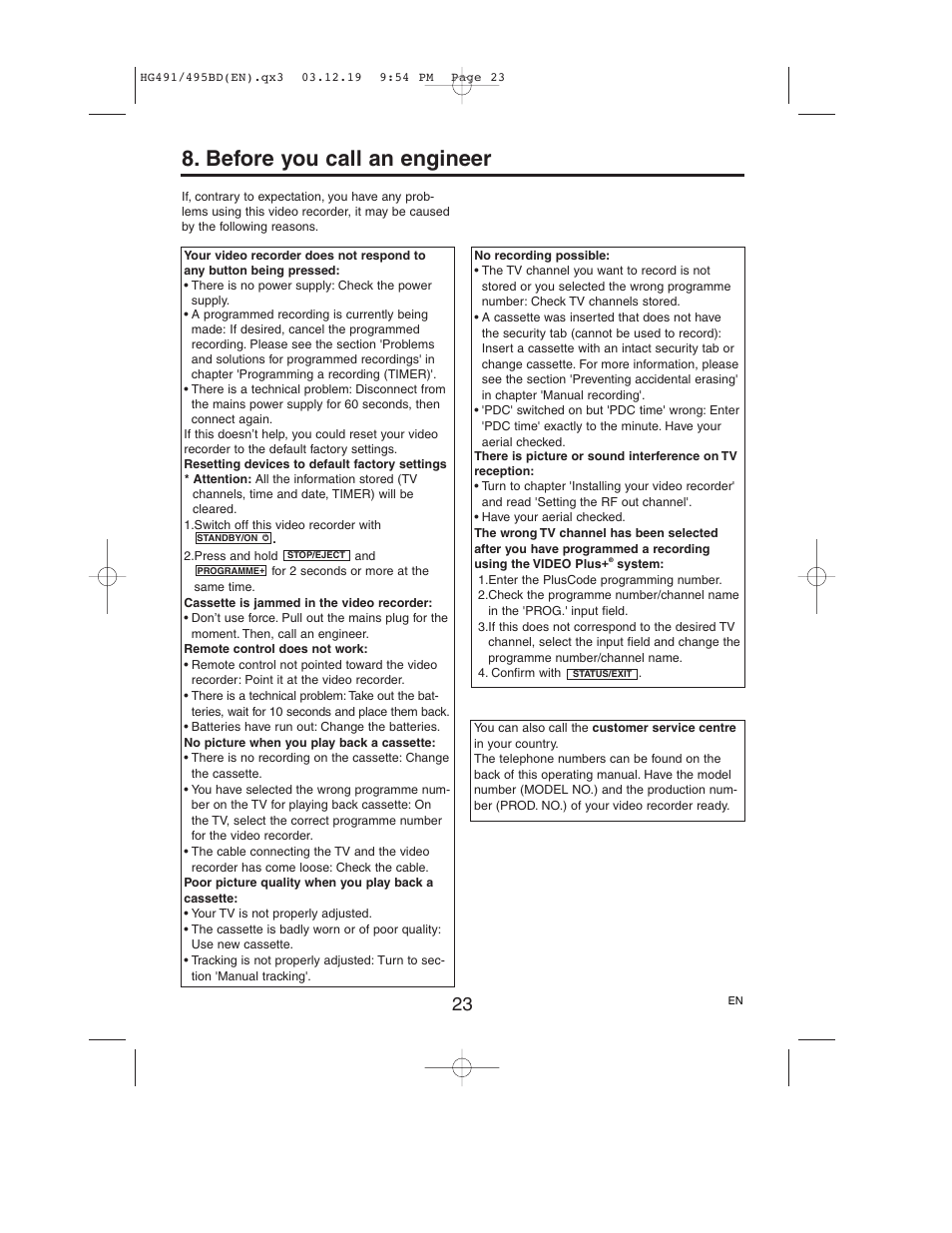 Before you call an engineer | Philips VR752/07 User Manual | Page 23 / 24