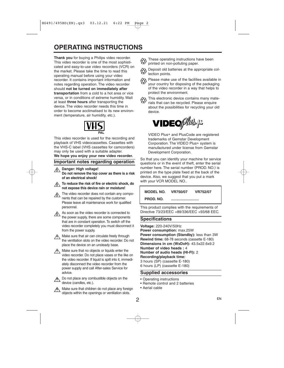 Operating instructions | Philips VR752/07 User Manual | Page 3 / 24