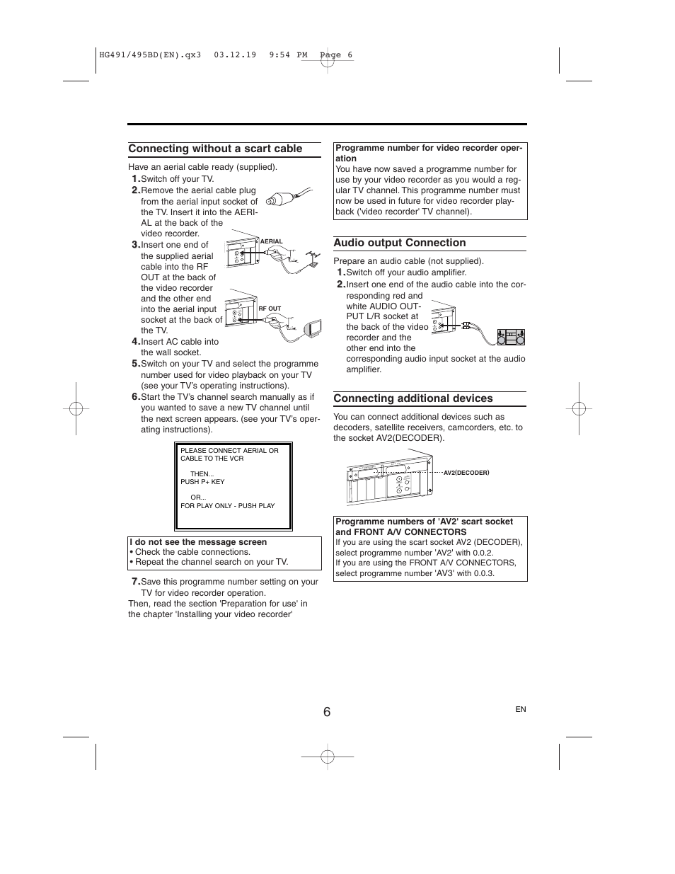 Connecting without a scart cable, Audio output connection, Connecting additional devices | Philips VR752/07 User Manual | Page 6 / 24