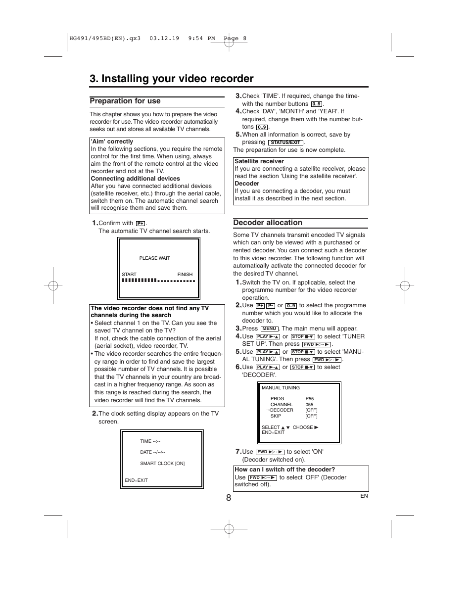 Installing your video recorder, Preparation for use, Decoder allocation | Philips VR752/07 User Manual | Page 8 / 24