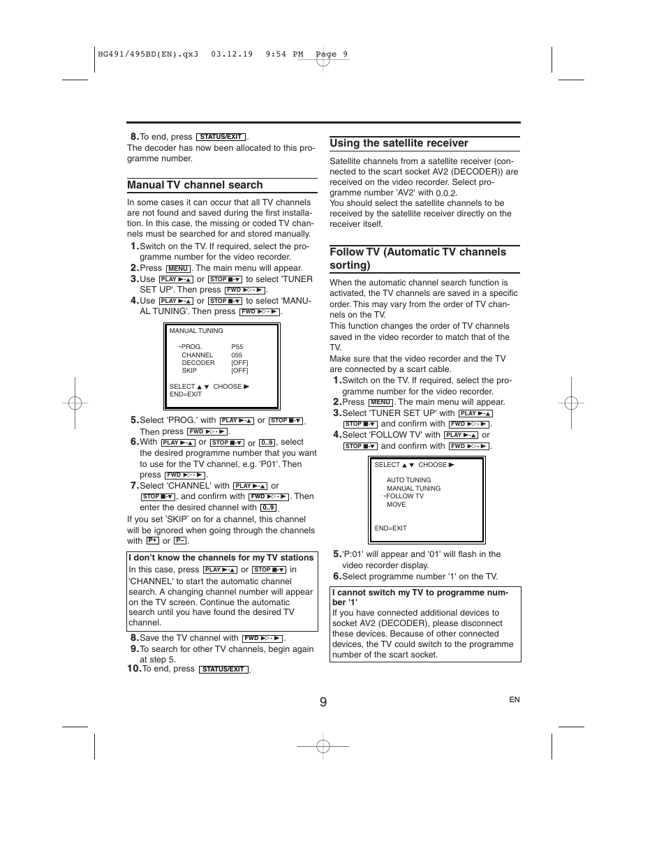 Manual tv channel search, Using the satellite receiver, Follow tv (automatic tv channels sorting) | Philips VR752/07 User Manual | Page 9 / 24