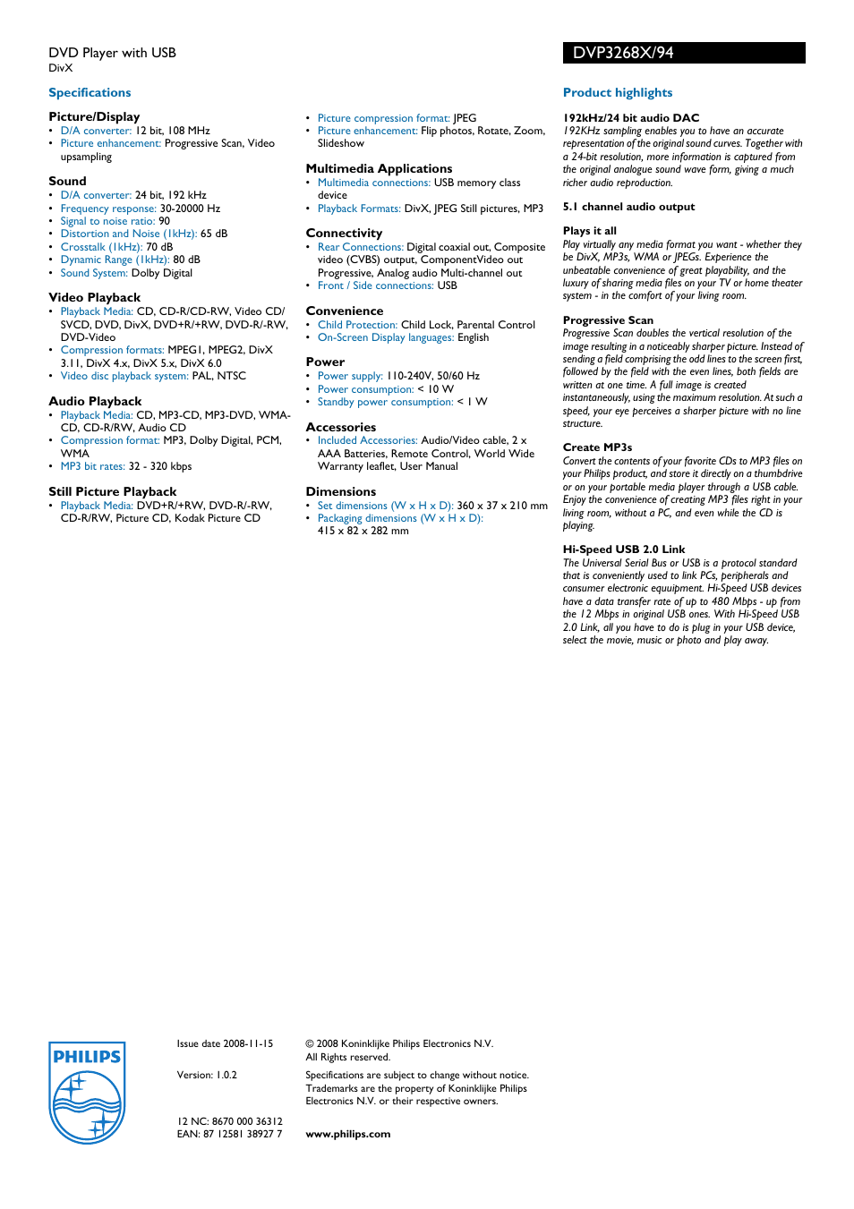 Philips DivX DVP3268X User Manual | Page 2 / 2