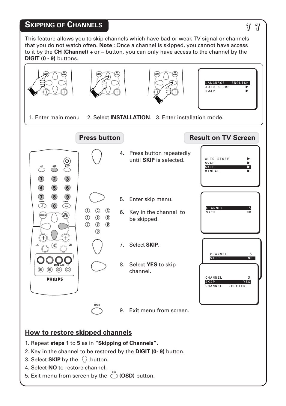 Press button result on tv screen, How to restore skipped channels, Kipping of | Hannels | Philips 20PT1582 User Manual | Page 11 / 22