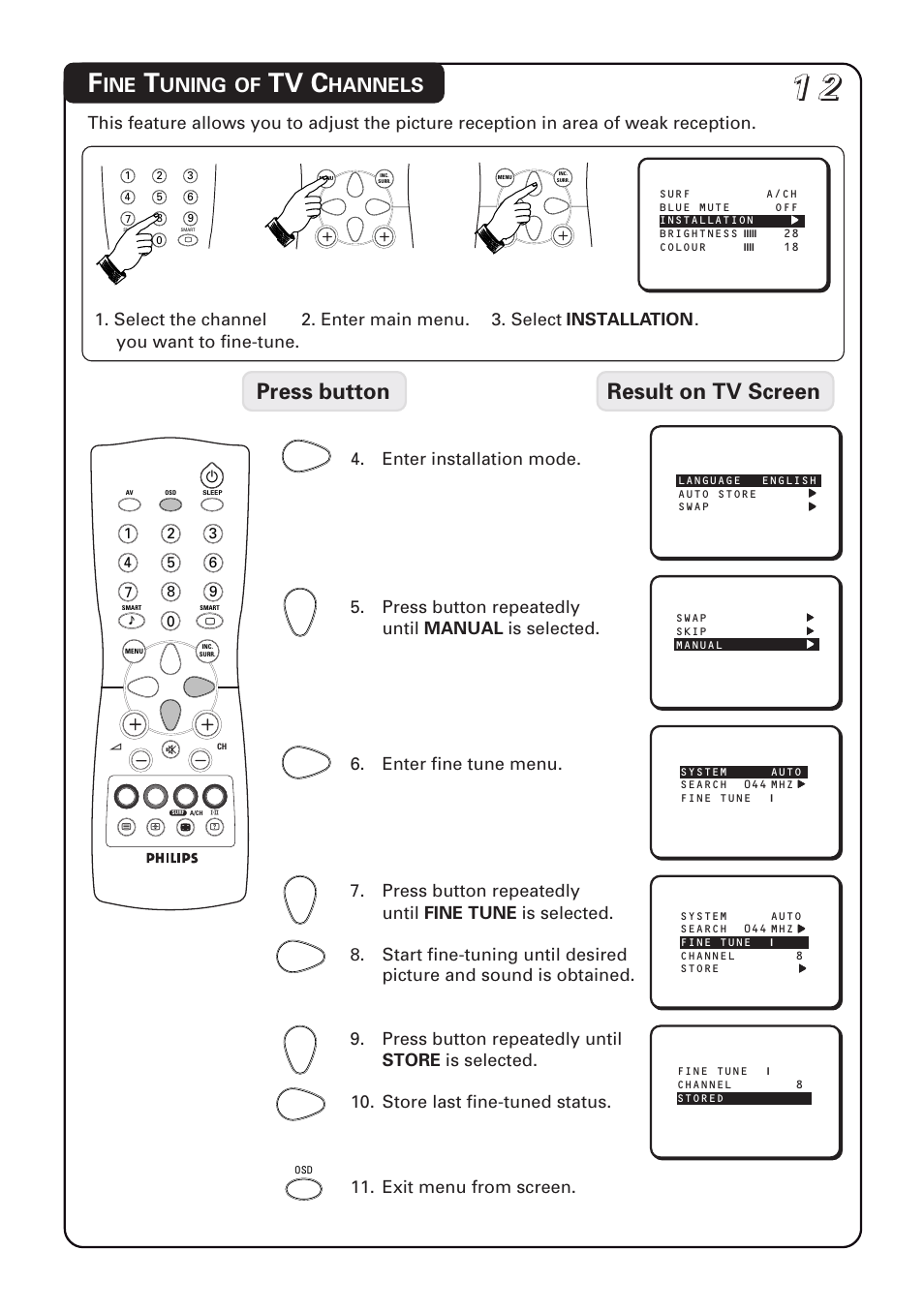 Tv c, Press button result on tv screen, Uning | Hannels | Philips 20PT1582 User Manual | Page 12 / 22