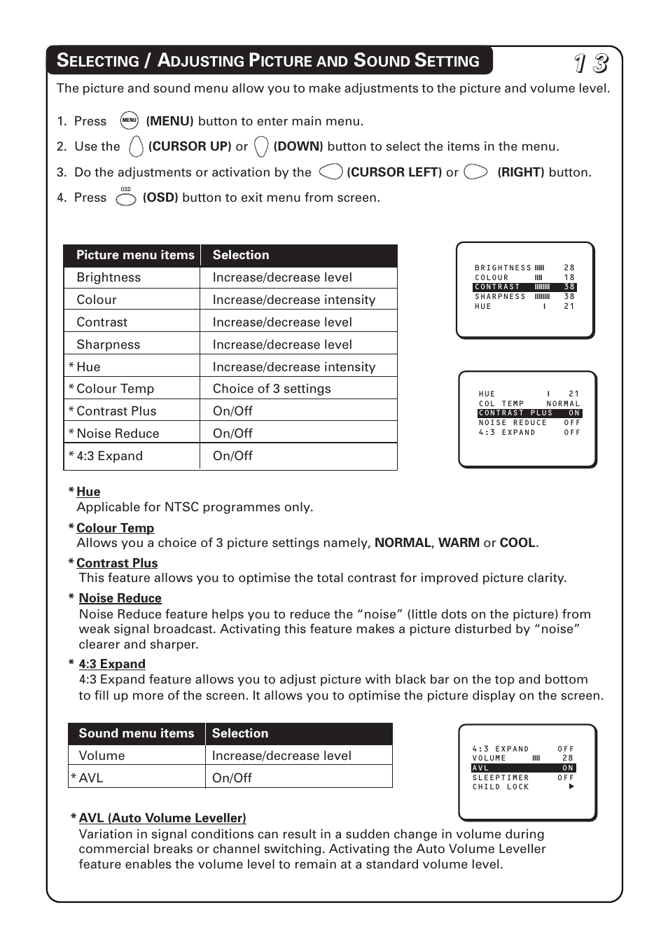 Electing, Djusting, Icture and | Ound, Etting | Philips 20PT1582 User Manual | Page 13 / 22