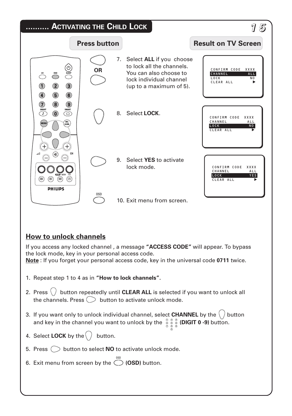 Press button result on tv screen, How to unlock channels, Ctivating the | Hild | Philips 20PT1582 User Manual | Page 15 / 22