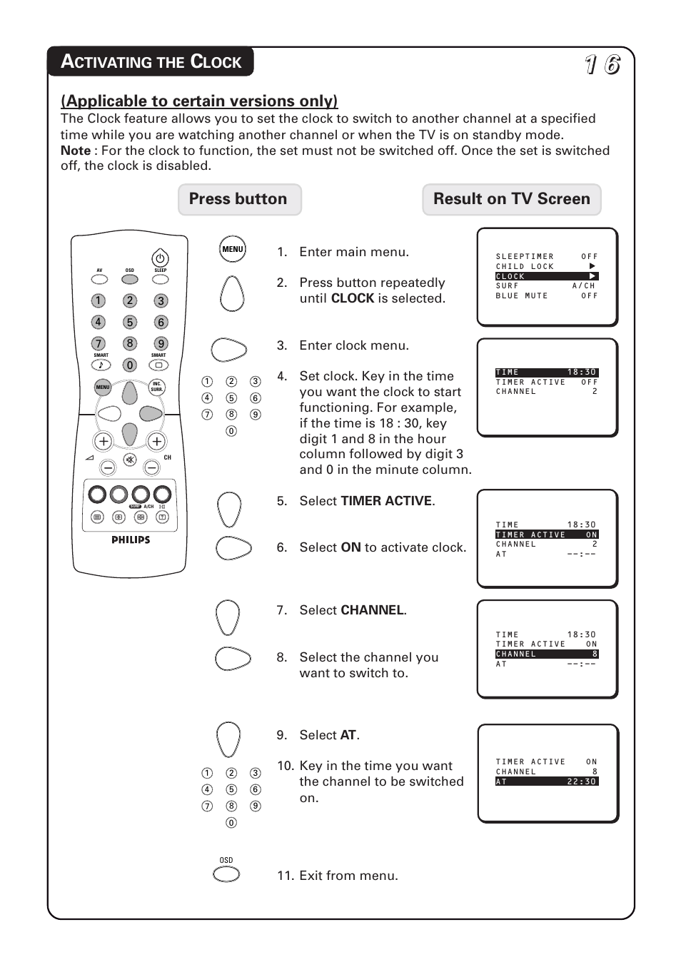 Applicable to certain versions only), Press button result on tv screen, Ctivating the | Lock | Philips 20PT1582 User Manual | Page 16 / 22